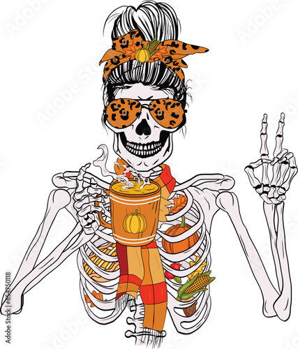 Thanksgiving Messy Bun Skeleton Drinking Coffee with peace hand. Skeleton holding a coffee cup Fall Autumn