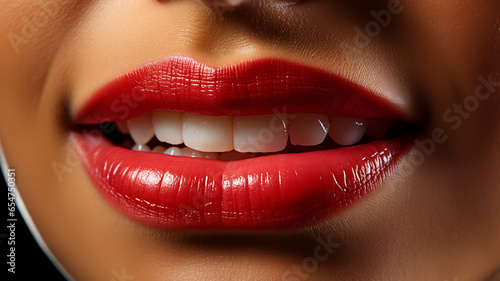Wundersch  ne sexy rote Lippen einer Frau mit Z  hne Nahaufnahme  ai generativ