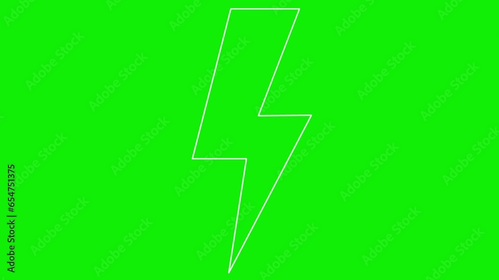 Animated linear white symbol of lightning. Line energy icon of power. Electric flash. Sign is drawn gradually. Vector illustration isolated on green background.
