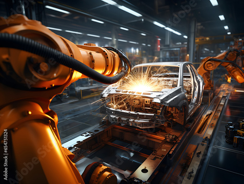 Assembly line of robots welding car body. Industry. Automobile plant, Industrial machinery automatic arm welding cars, vehicles robot in production line of vehicle manufacturer factory. Generative ai photo