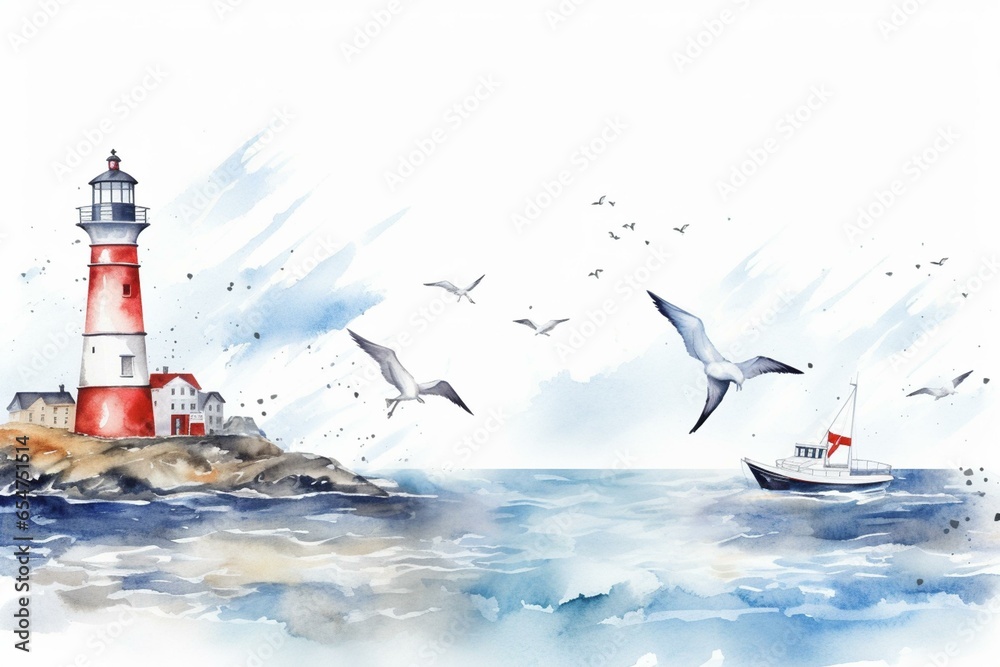 Watercolor border with sea cruise elements: yacht, catamaran, lighthouse, seagulls. Generative AI