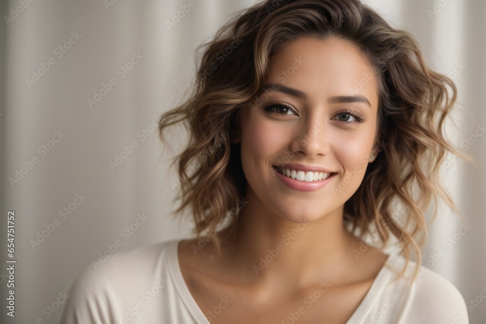 Portrait of young woman smiling and looking at camera. Beauty, skincare, cosmetics, and dental concept. Copy space.
