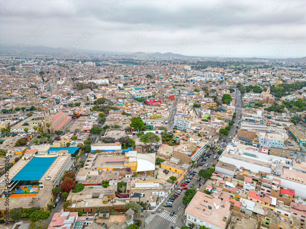 Aerial view of the Barranco neighborhood in Lima, Peru in 2023. Spanish colonial style historic buildings. Neighborhood with new houses and also many houses degraded by time. Gastronomic region