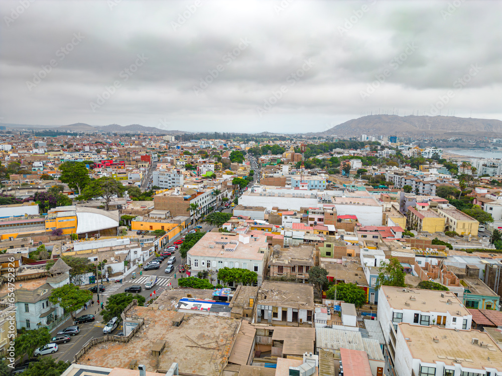 Aerial view of the Barranco neighborhood in Lima, Peru in 2023. Spanish colonial style historic buildings. Neighborhood with new houses and also many houses degraded by time. Gastronomic region