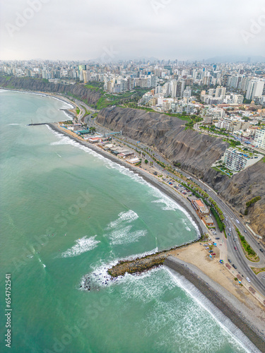 Aerial view of the Barranco neighborhood in Lima, Peru in 2023. Spanish colonial style historic buildings. Neighborhood with new houses and also many houses degraded by time. Gastronomic region 