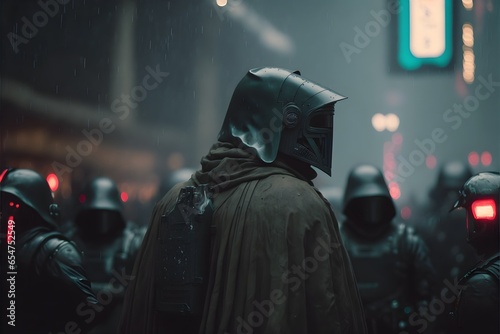 screenshot futuristic 2022 film of communist guerillas in the deser fighting the government futuristic armor in display and red banners being hold hyperrealistic realistic cinematic shot in the rain  photo