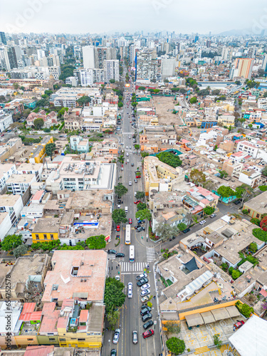Aerial view of the Barranco neighborhood in Lima, Peru in 2023. Spanish colonial style historic buildings. Neighborhood with new houses and also many houses degraded by time. Gastronomic region 