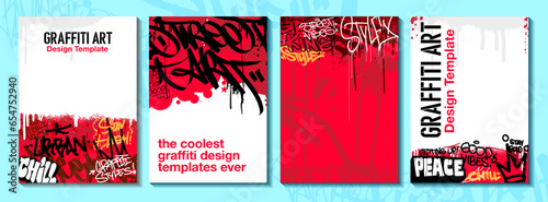 Graffiti poster or flyer design templates with colorful tags, grunge, scribblers and throw up. Hand-drawn abstract graffiti vector designs.