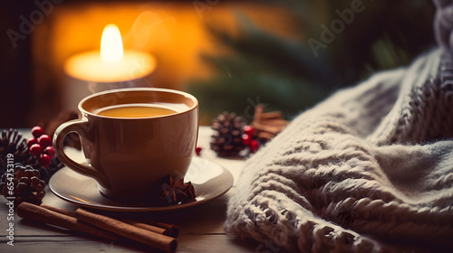 Woman relaxing on a Christmas night with a coffee mug in her hand.