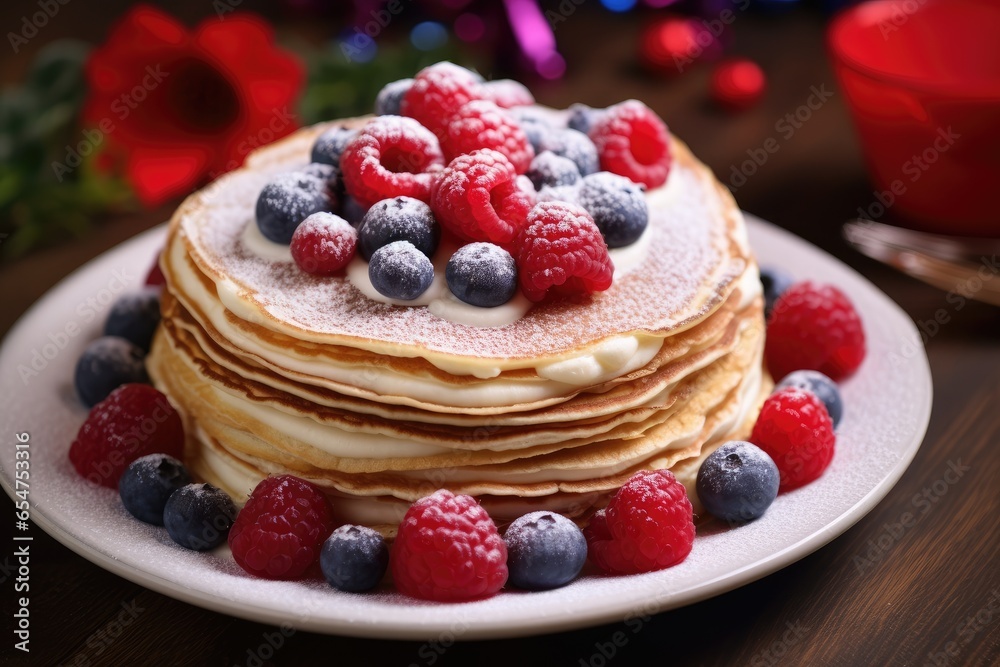 Valentine s Day themed scrumptious homemade crepes or pancakes topped with raspberries and blueberries Valentine s Day themed scrumptious homemade crepes or pancakes topped with raspberries and blueberries