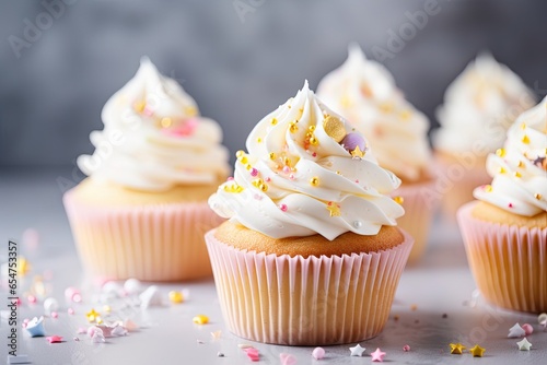 Vanilla cupcakes with cream cheese and sugar candy on a gray background Birthday dessert