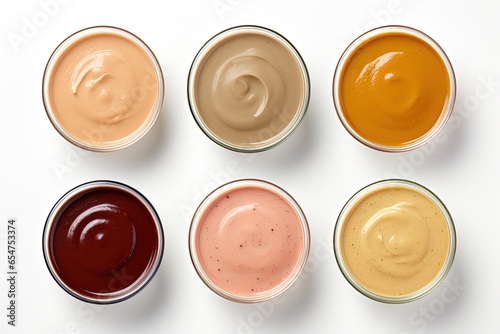 Variety of delicious sauces in bowls top view