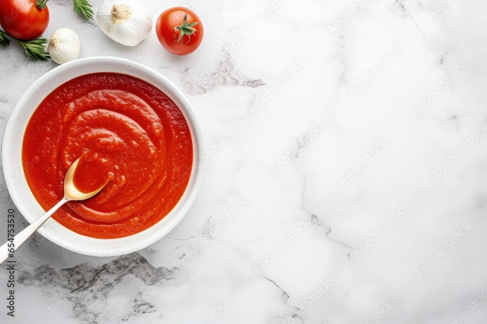 Top view of fresh tomato sauce on white marble table with bowl and spoon Top view of fresh tomato sauce on white marble table with bowl and spoon