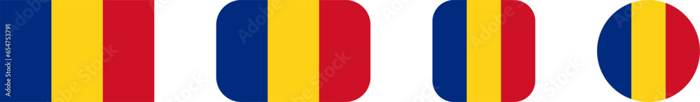 Romania Flag Set with Rectangle and Square with Rounded Corners and Round Circle Flag Icon Set. Vector Image. - obrazy, fototapety, plakaty 