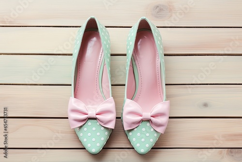 Top view of pink shoes with polka dot pattern on a mint shabby chic wooden background