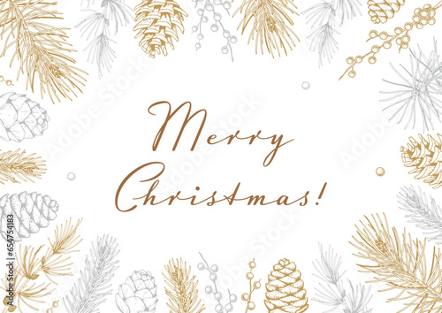 Merry Christmas and Happy New Year horizontal greeting card with hand drawn golden fir tree brandhes and cones. Vector illustration in sketch style. Festive background
