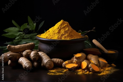 Turmeric powder mortar pestle roots and barks on black background photo