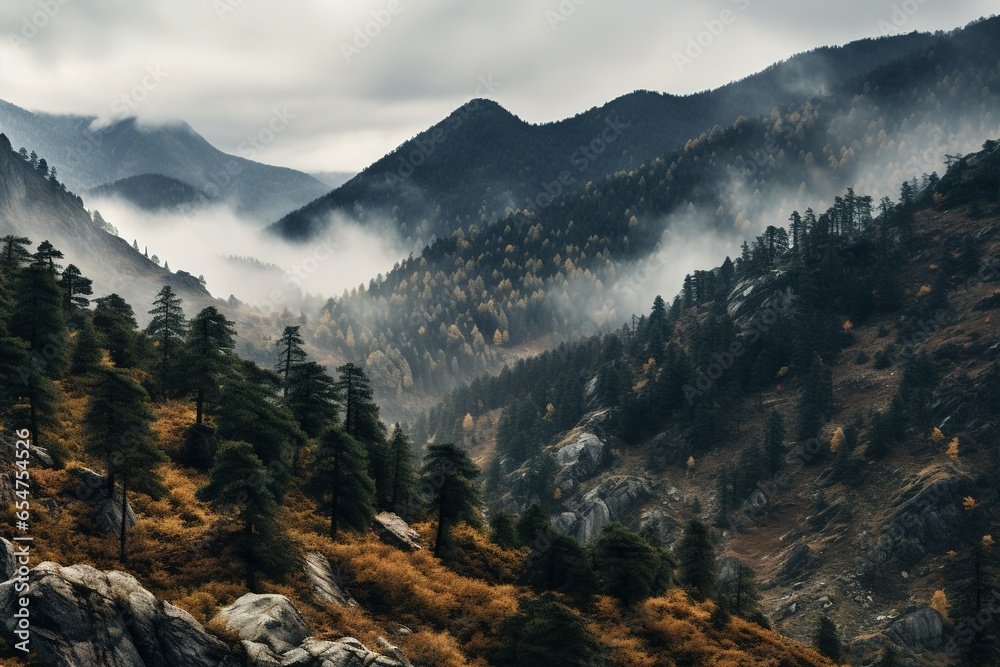 Spooky autumn mountains covered in fog, creating a mysterious and eerie atmosphere.