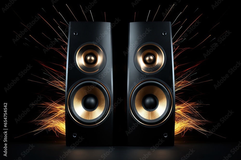 Two speakers with empty space on black background - obrazy, fototapety, plakaty 