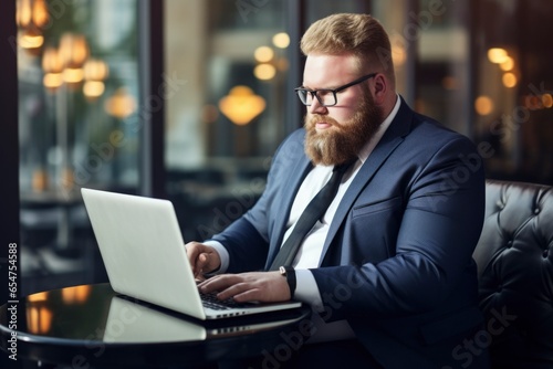 plus size manager using laptop computer on the go