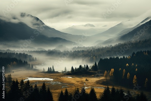 Spooky autumn mountains covered in fog, creating a mysterious and eerie atmosphere.