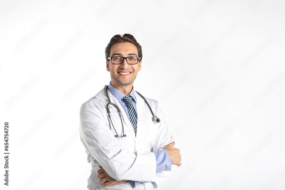 Portrait of young handsome smiling doctor in medical gown and stethoscope isolated on white background	