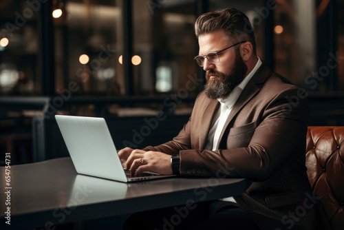 plus size manager using laptop computer on the go