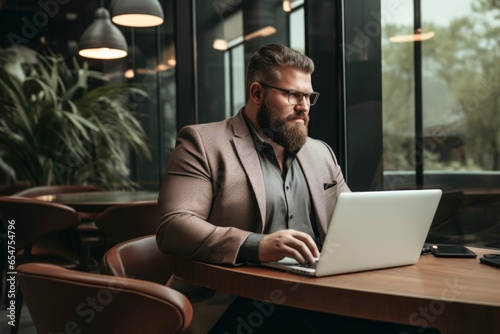 plus size manager using laptop computer on the go
