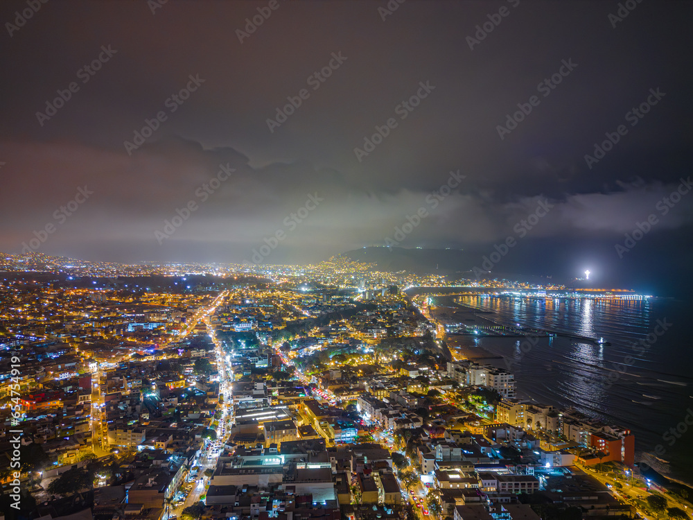 Night aerial image of the Barranco region, Lima. Peru. Homes, businesses and nightlife in 2023.