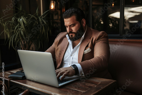 plus size manager using laptop computer on the go