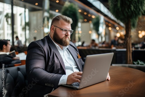plus size manager using laptop computer on the go