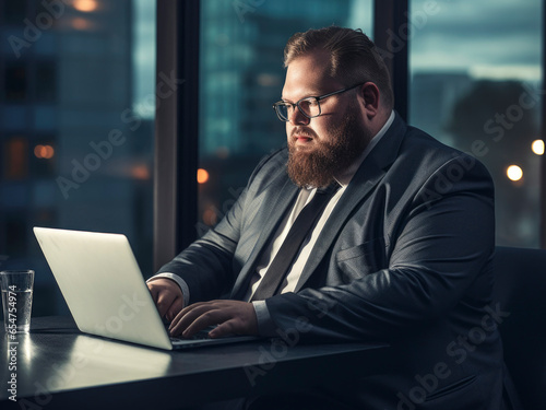 plus size manager using laptop computer on the go