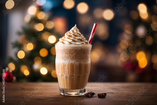 a glass of very delicious and special chocolate christmas frappe with a lot of whipping cream and christmas decoration background