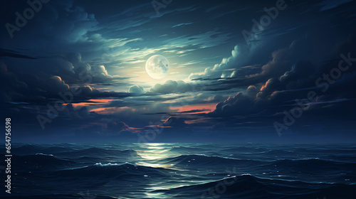 A full moon shines brightly over the ocean at night.
