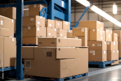 conveyor belt in a distribution warehouse with row of cardboard box packages for e-commerce delivery and automated logistics concepts as wide banner and copy space