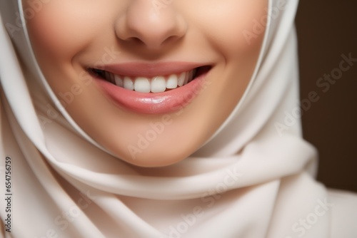 Closeup of beautiful smile of Hijabi, Teeth whitening dentistry toothpaste orthodontic portrait