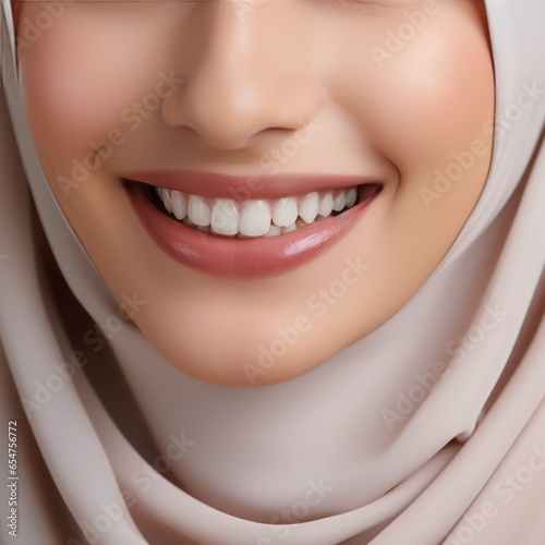 Closeup of beautiful smile of Hijabi  Teeth whitening dentistry toothpaste orthodontic portrait