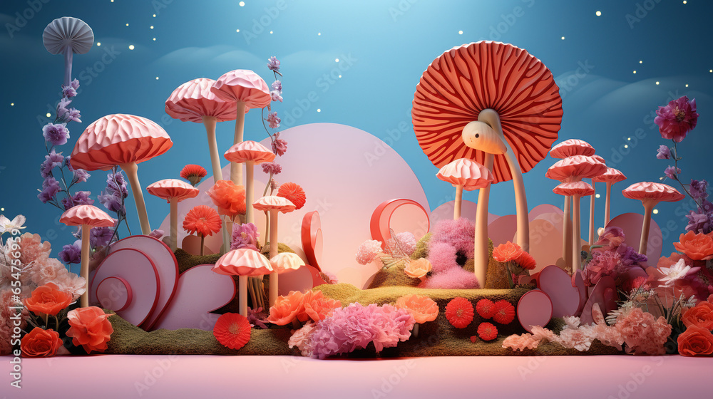 3D Podium Stage with Decorated Abstract Flower and Mushrooms