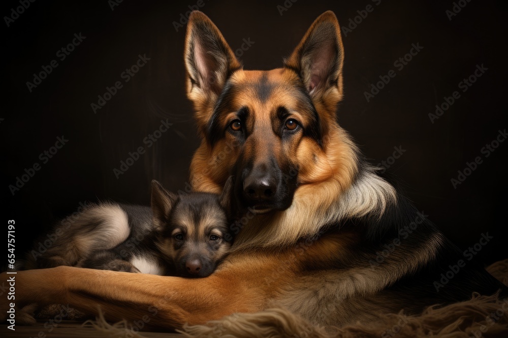 puppy with mom dog on black background
