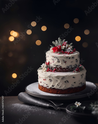 a very delicious christmas cake with floral and berries icing  professional photography with black golden bokeh background
