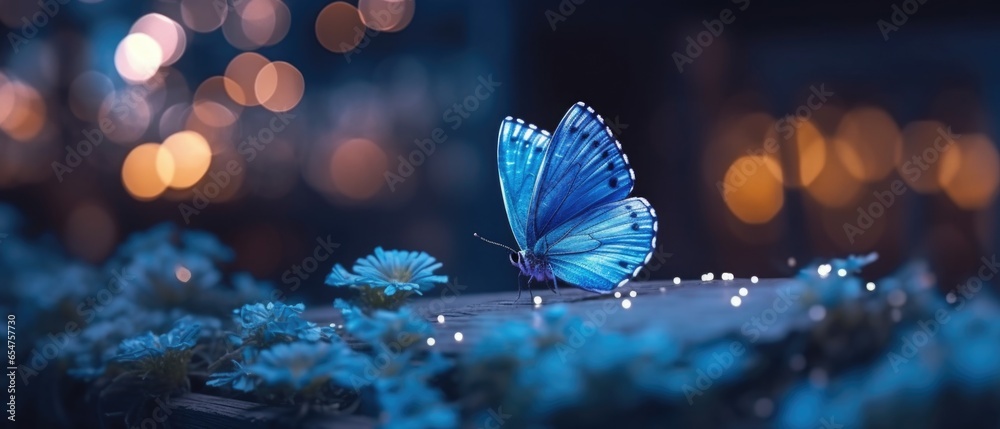 Pretty blue wing butterfly in outdoor garden sitting on flowers, peaceful serene late evening dusk with colorful bokeh blur light circles in background, panoramic macro closeup. - obrazy, fototapety, plakaty 