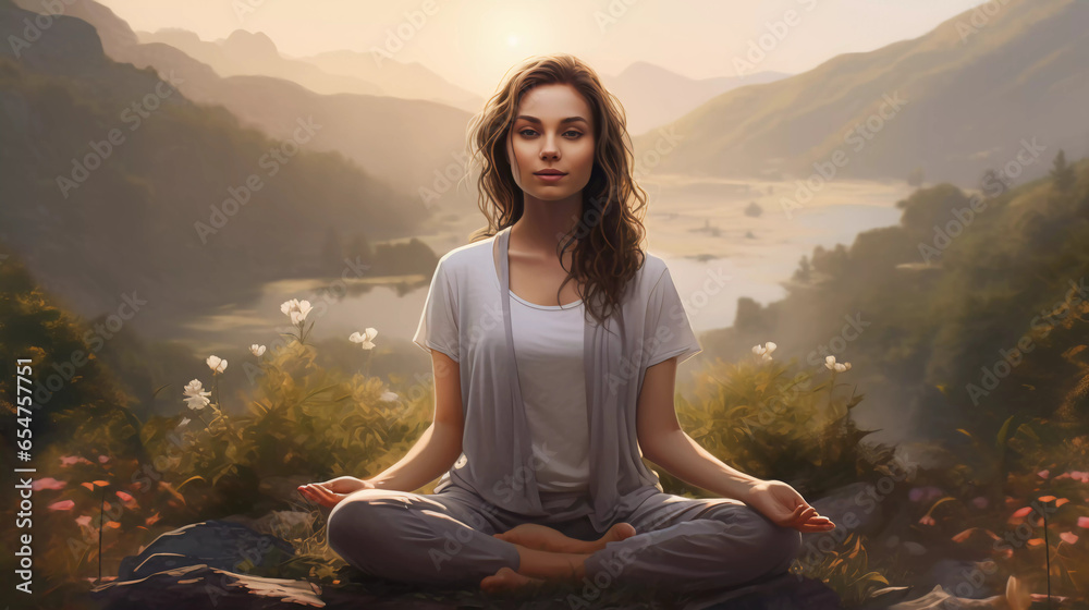 Beautiful woman is meditate in the nature