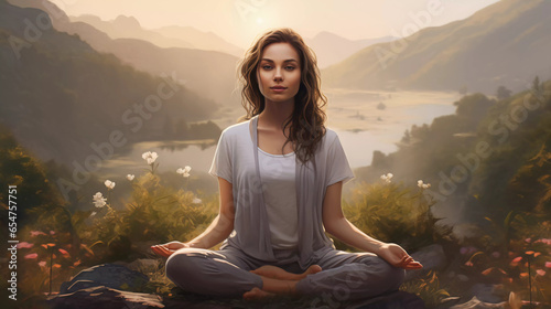 Beautiful woman is meditate in the nature