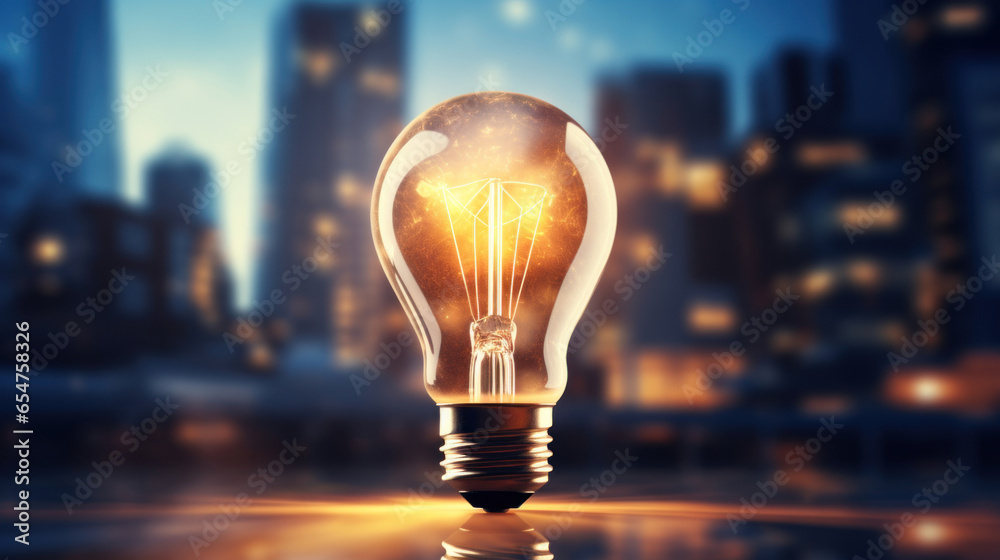A burning light bulb against the backdrop of a glowing nighttime city A burning light bulb against the backdrop of a glowing nighttime city