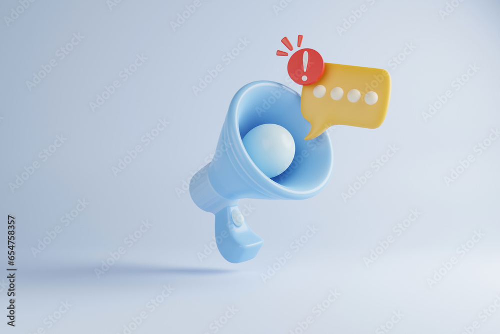 3D megaphone speaker or megaphone for promotional announcements. 3D megaphone with simulated microphone. Megaphone icon, 3D render for notifications and announcements on isolated background. - obrazy, fototapety, plakaty 