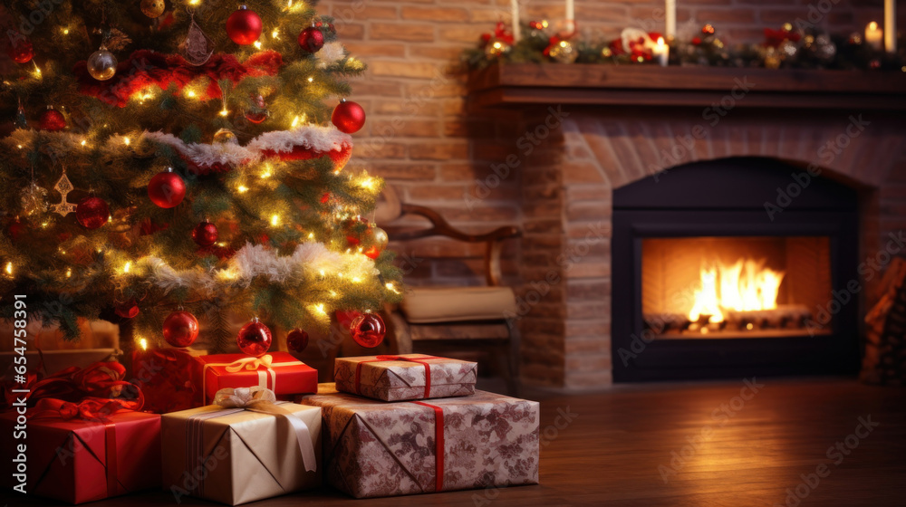 Decorated Christmas tree with gifts next to the fireplace Decorated Christmas tree with gifts next to the fireplace