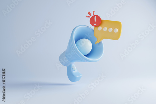 3D megaphone speaker or megaphone for promotional announcements. 3D megaphone with simulated microphone. Megaphone icon, 3D render for notifications and announcements on isolated background.
