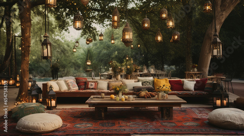 Low Seating Area Bohemian Reception with Floor Cushions and Hanging Lanterns
