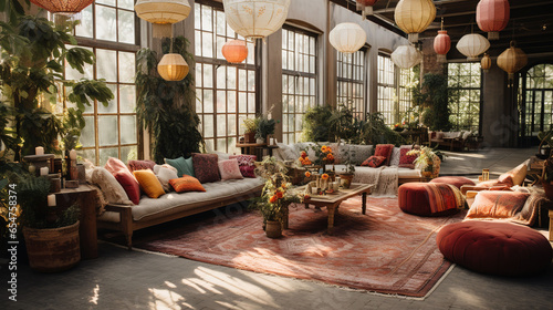 Low Seating Area Bohemian Reception with Floor Cushions and Hanging Lanterns © Magenta Dream
