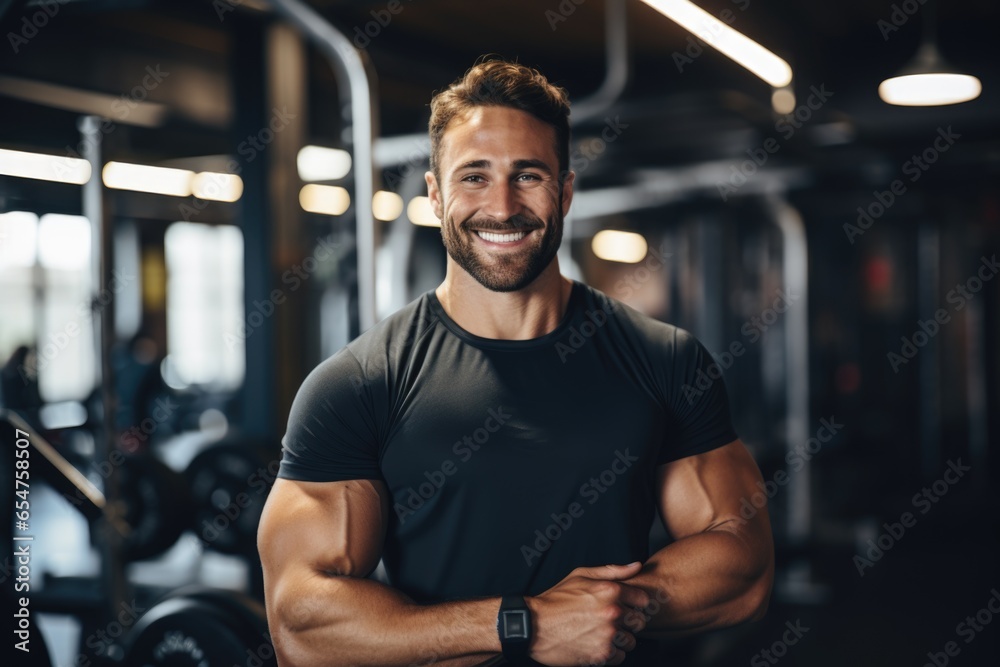 Smiling portrait of a young male caucasian fitness trainer in an indoor gym Smiling portrait of a young male caucasian fitness trainer in an indoor gym
